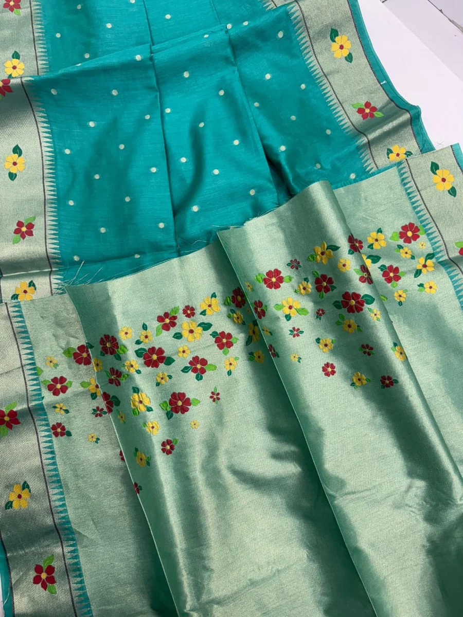 Phoolmala Paithani – Soft Khadi Raw Silk Saree with colorful rich Meena weaving Paithani pallu, traditional floral border, all-over small butties + full Zari wo
