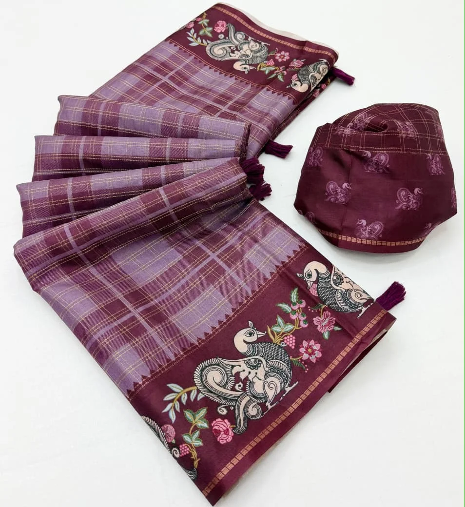 Charvi Tusser – Soft Tussar with Bentex border, Kalamkari pallu & border, small Zari checks, tassels + matching blouse piece