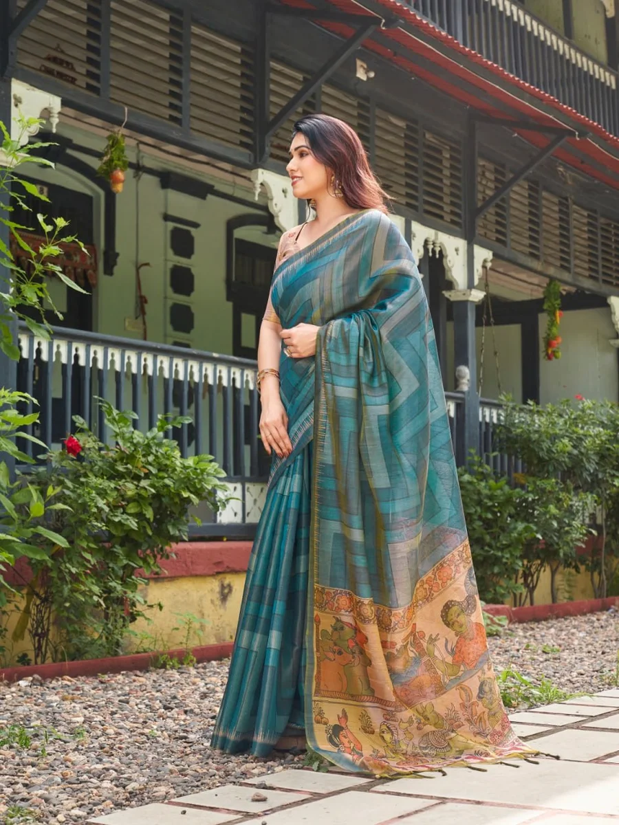 TISSUE TUSSAR 6 – Premium soft Tissue Tussar silk saree with traditional Kalamkari print pallu, classic temple border, all-over colourful strips + contrast blou