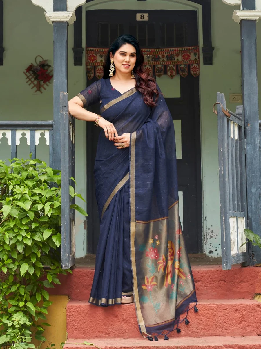 Linen Silk 708 – Premium Soft Pure Linen Silk Saree with rich Zari & Meena weaving tissue pallu, tiny Zari border, all-over sequence Zari lining + running blous
