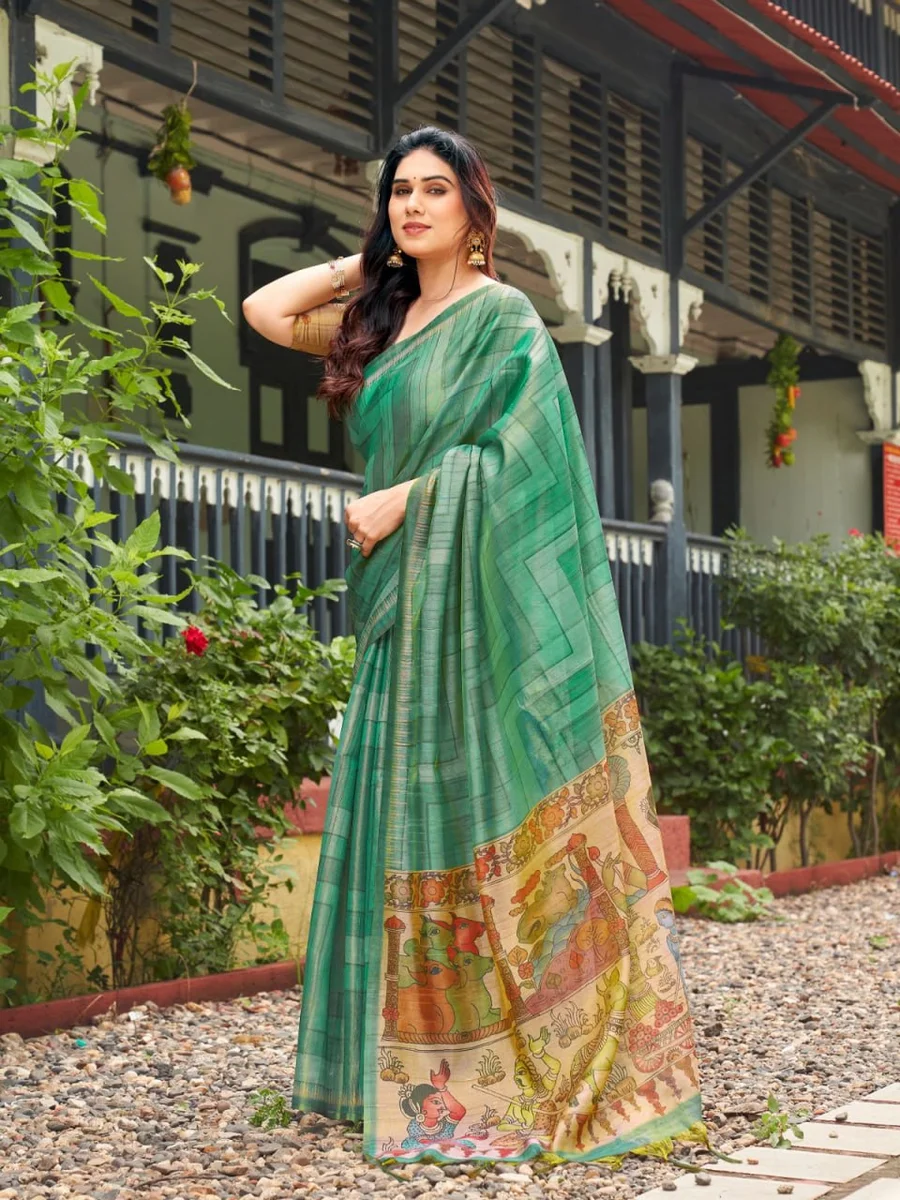 TISSUE TUSSAR 6 – Premium soft Tissue Tussar silk saree with traditional Kalamkari print pallu, classic temple border, all-over colourful strips + contrast blou