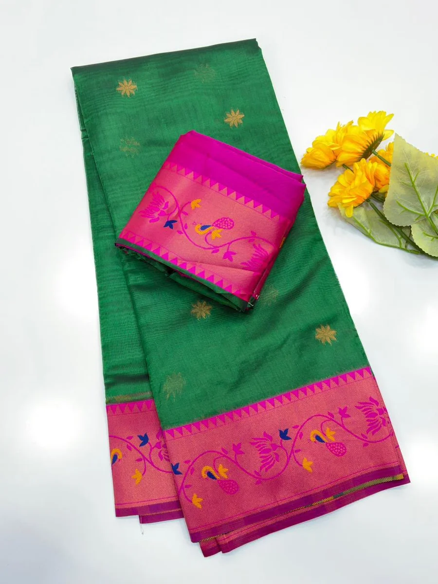 Paithani 652 – Premium Soft Tissue Silk Paithani Saree with rich Zari woven Paithani pallu, contrast Zari & Meena classic lotus woven border, all-over tiny butt
