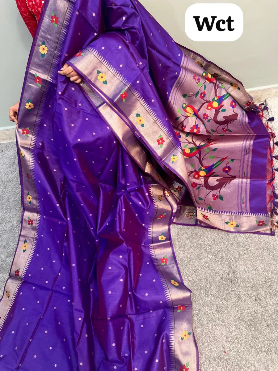 Phoolmala Paithani – Soft Khadi Raw Silk Saree with colorful rich Meena weaving Paithani pallu, traditional floral border, all-over small butties + full Zari wo
