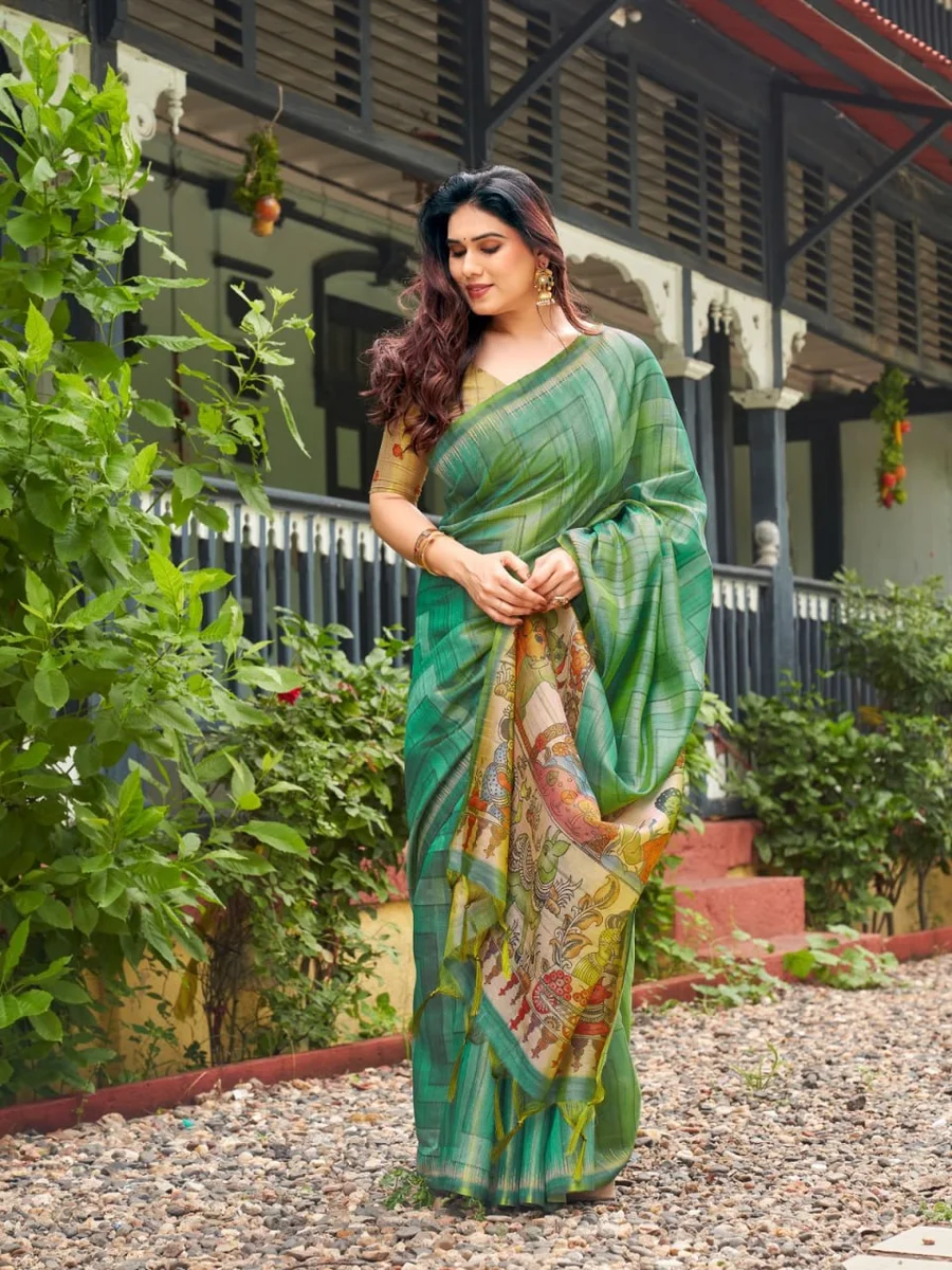 TISSUE TUSSAR 6 – Premium soft Tissue Tussar silk saree with traditional Kalamkari print pallu, classic temple border, all-over colourful strips + contrast blou