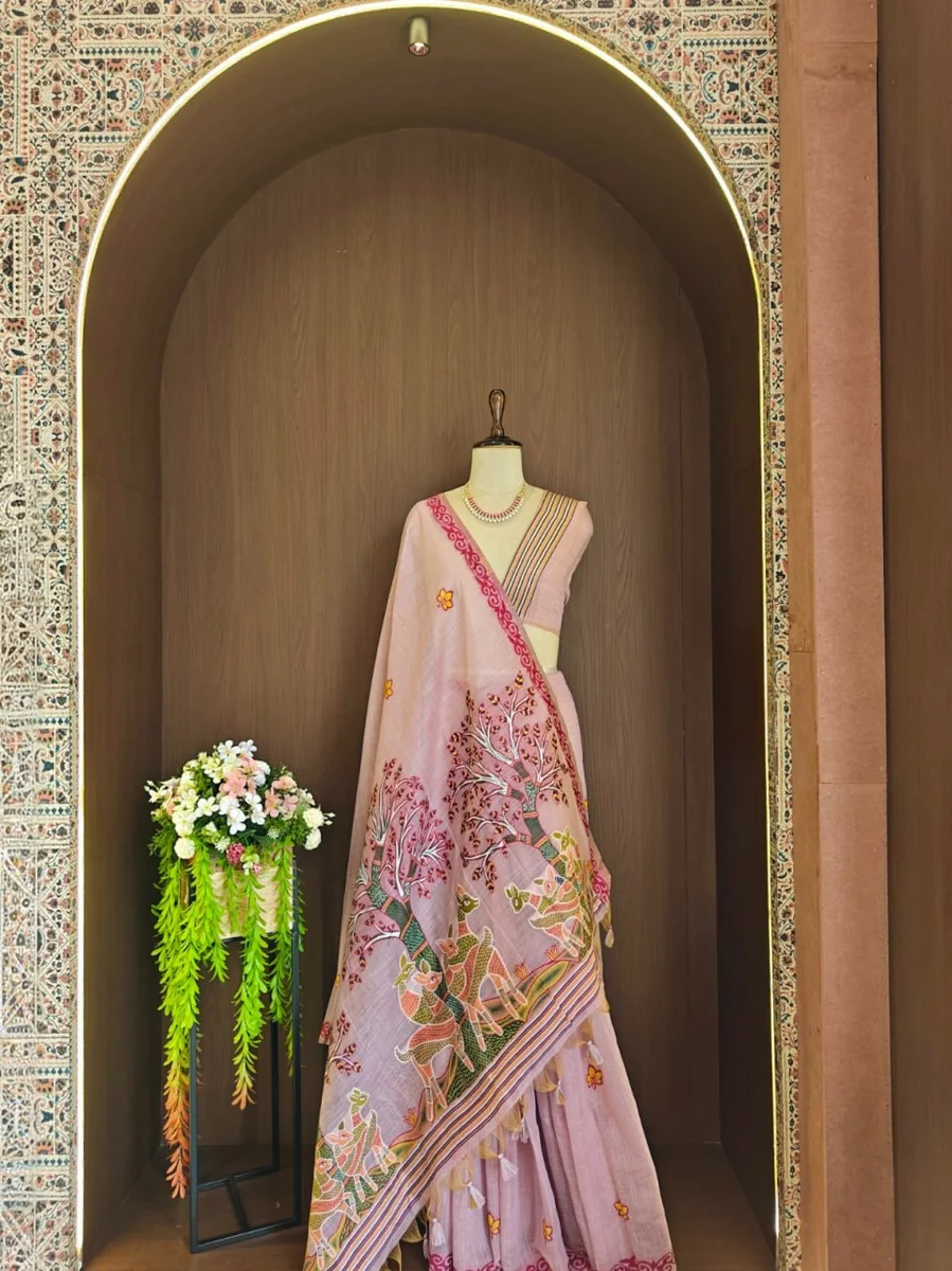 Premium Soft Muga Cotton Saree with Hiran & Tree woven pallu, all-over floral weaving, contrast border, fancy tassels + running blouse piece
