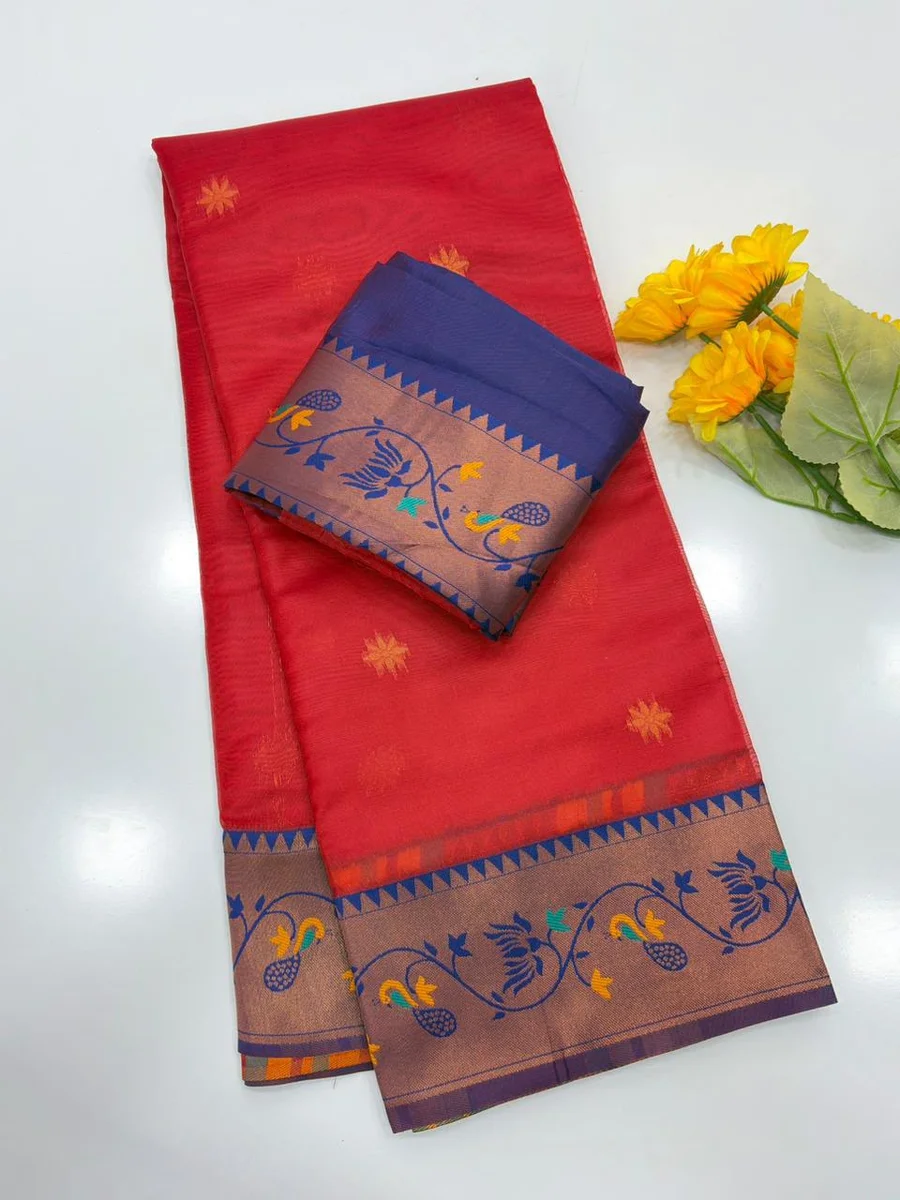 Paithani 652 – Premium Soft Tissue Silk Paithani Saree with rich Zari woven Paithani pallu, contrast Zari & Meena classic lotus woven border, all-over tiny butt