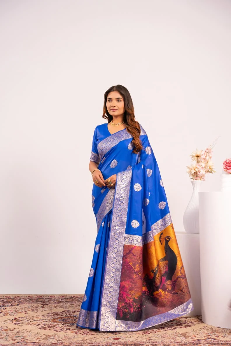 PORTRAIT 641 – Premium soft Banarasi silk saree with exclusive fully Resham weave peacock pallu, fine Zari border + running blouse piece