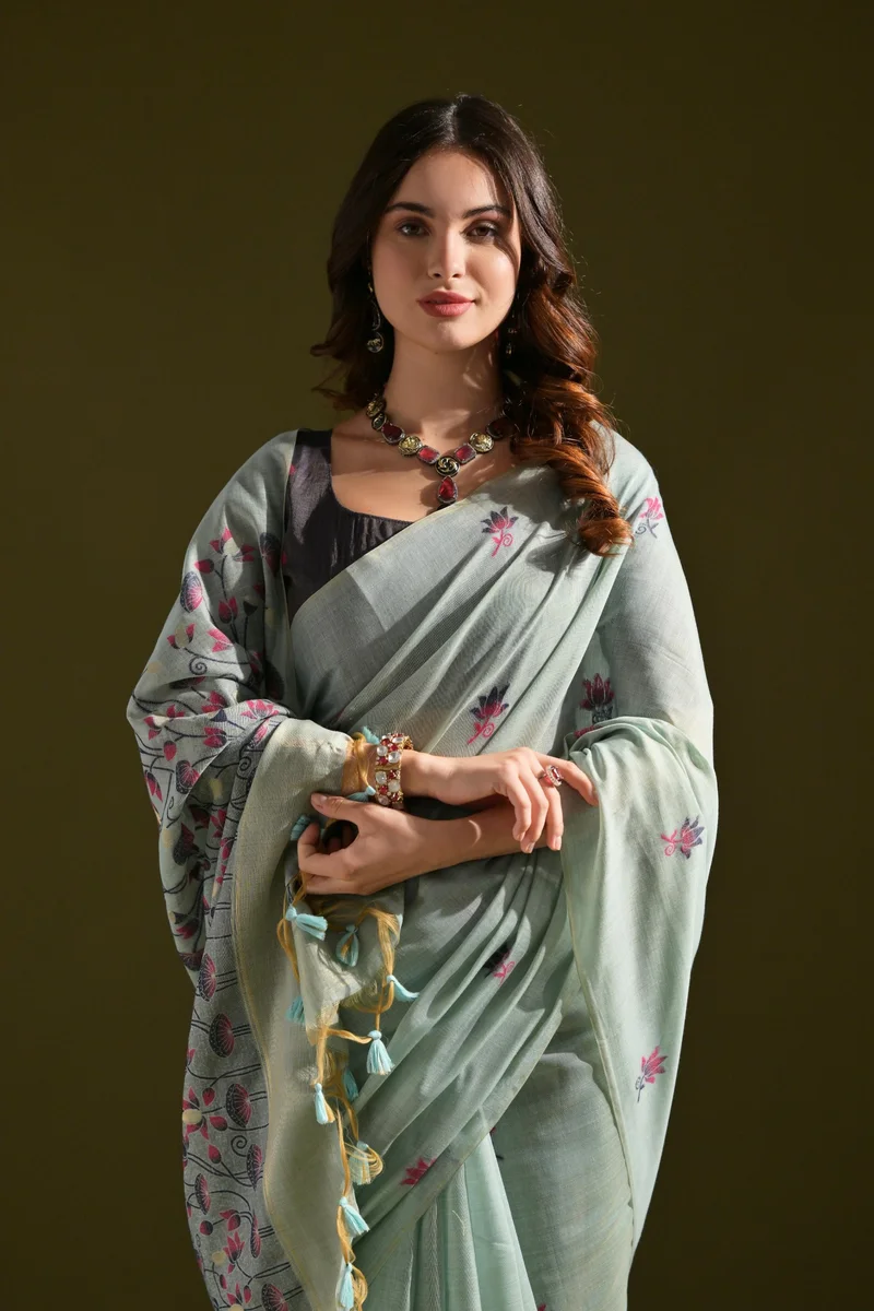 MUGA COTTON 217 – Premium soft Muga cotton saree with all-over floral weaving pattern (Pichwai-style), classic colourful Resham weaving pallu, fancy tassels + c