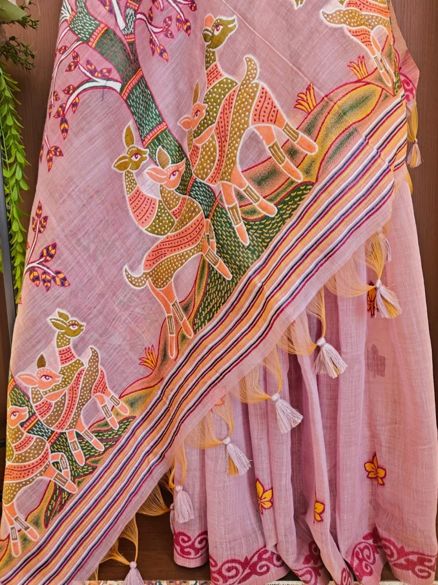 Premium Soft Muga Cotton Saree with Hiran & Tree woven pallu, all-over floral weaving, contrast border, fancy tassels + running blouse piece