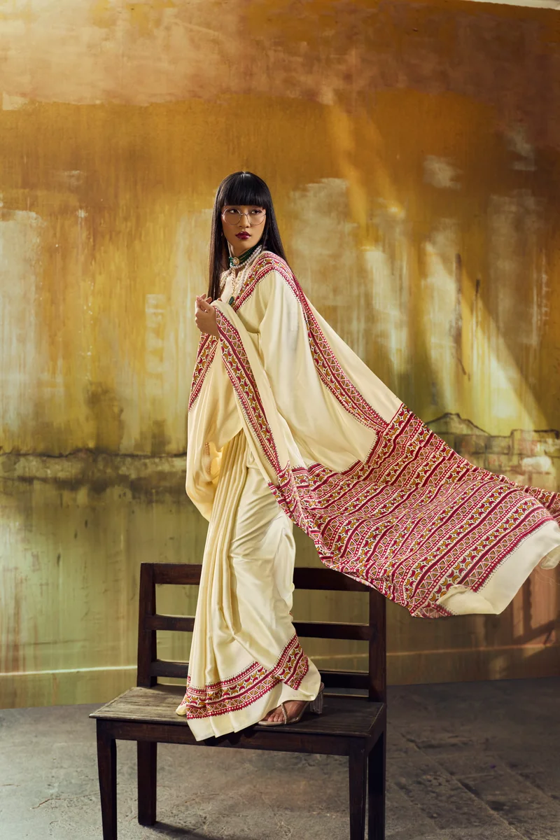 Modal Satin Ajrakh Print Saree + matching Modal Satin Ajrakh Print blouse by www.Laavsee.com