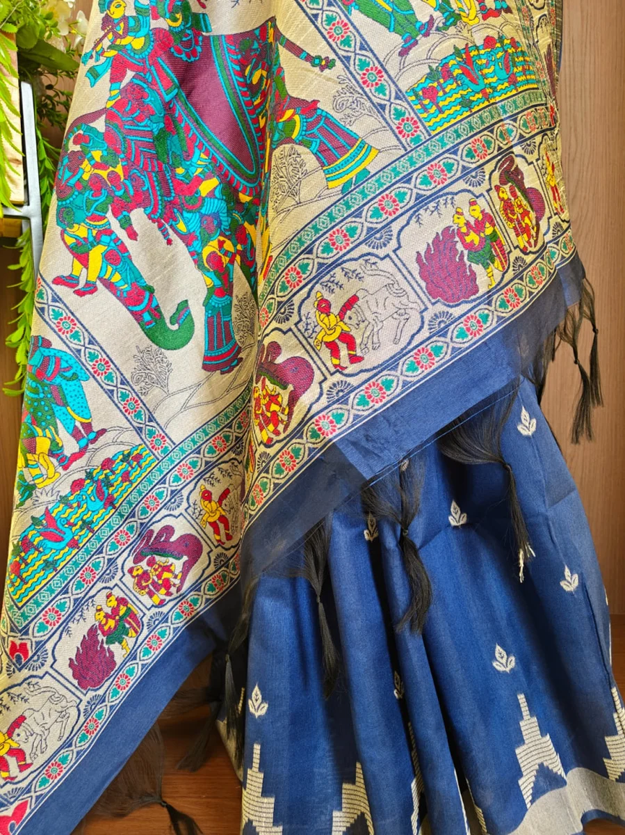 LV202CN151026-6 — HANDLOOM 430 - Raw silk saree with Kalamkari elephant and Kathakali pallu, temple weaving border, all-over butti, contrast blouse, and fancy t