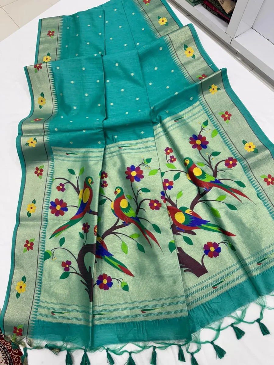 Phoolmala Paithani – Soft Khadi Raw Silk Saree with colorful rich Meena weaving Paithani pallu, traditional floral border, all-over small butties + full Zari wo