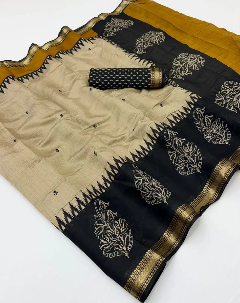 Soft Mul Cotton Saree with unique print, beautiful pallu & Zari border + matching blouse piece