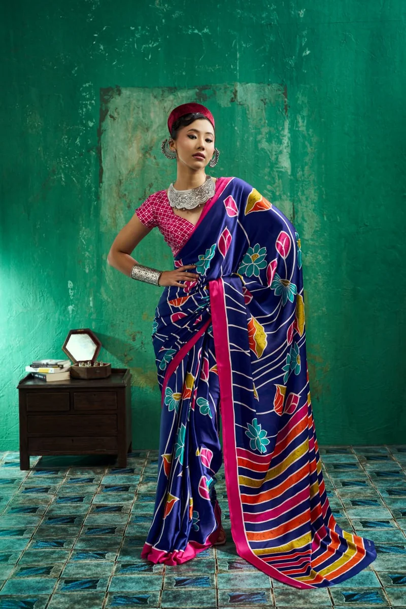 Modal Satin Ajrakh Print Saree + matching Moda blouse by www.Laavsee.com