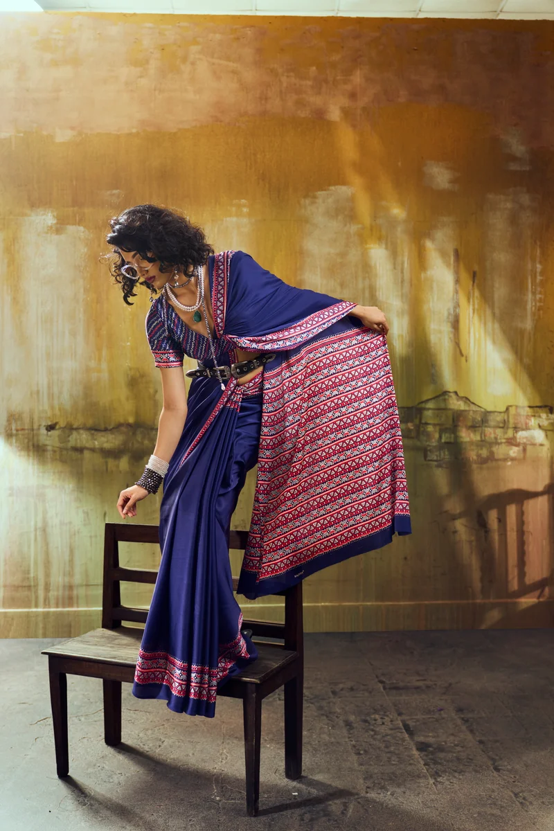Modal Satin Ajrakh Print Saree + matching Modal Satin Ajrakh Print blouse by www.Laavsee.com