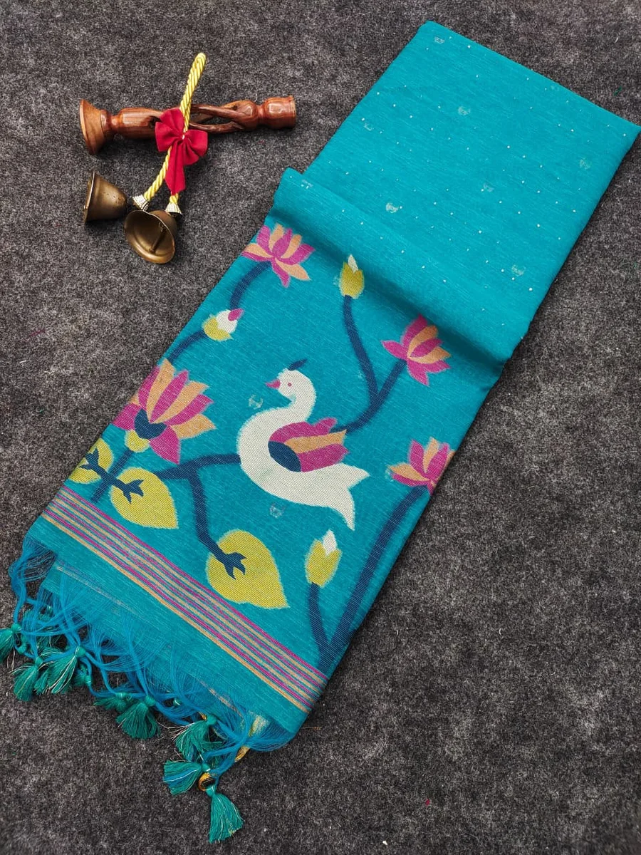 LINEN SILK 606 – Premium soft linen silk saree with Meena weaving, rich Jamdani pallu by www.Laavsee.com