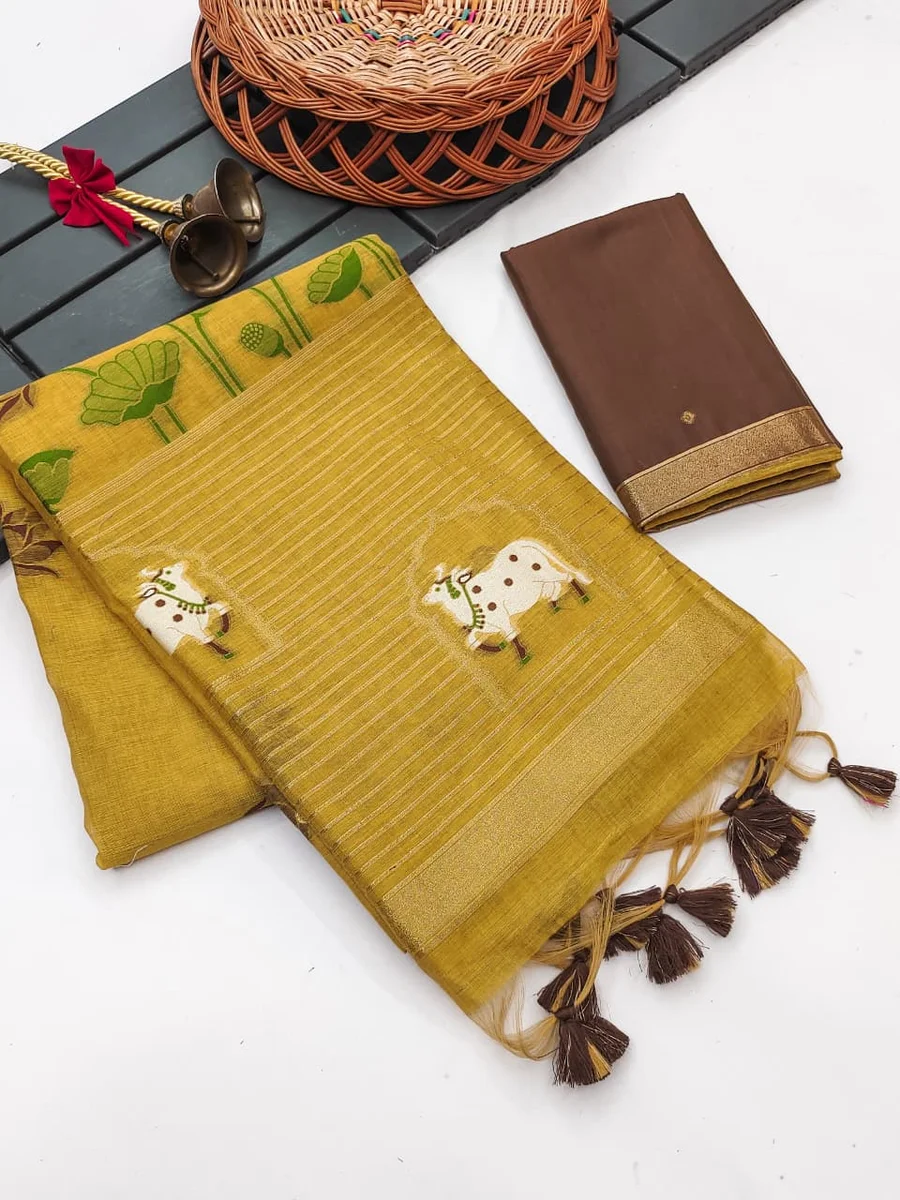 Premium soft Muga cotton saree with classic rich Zari & Cow Weaving Pichwai pallu, tiny Zari border, all-over lotus weaving, fancy tassels + contrast blouse pie