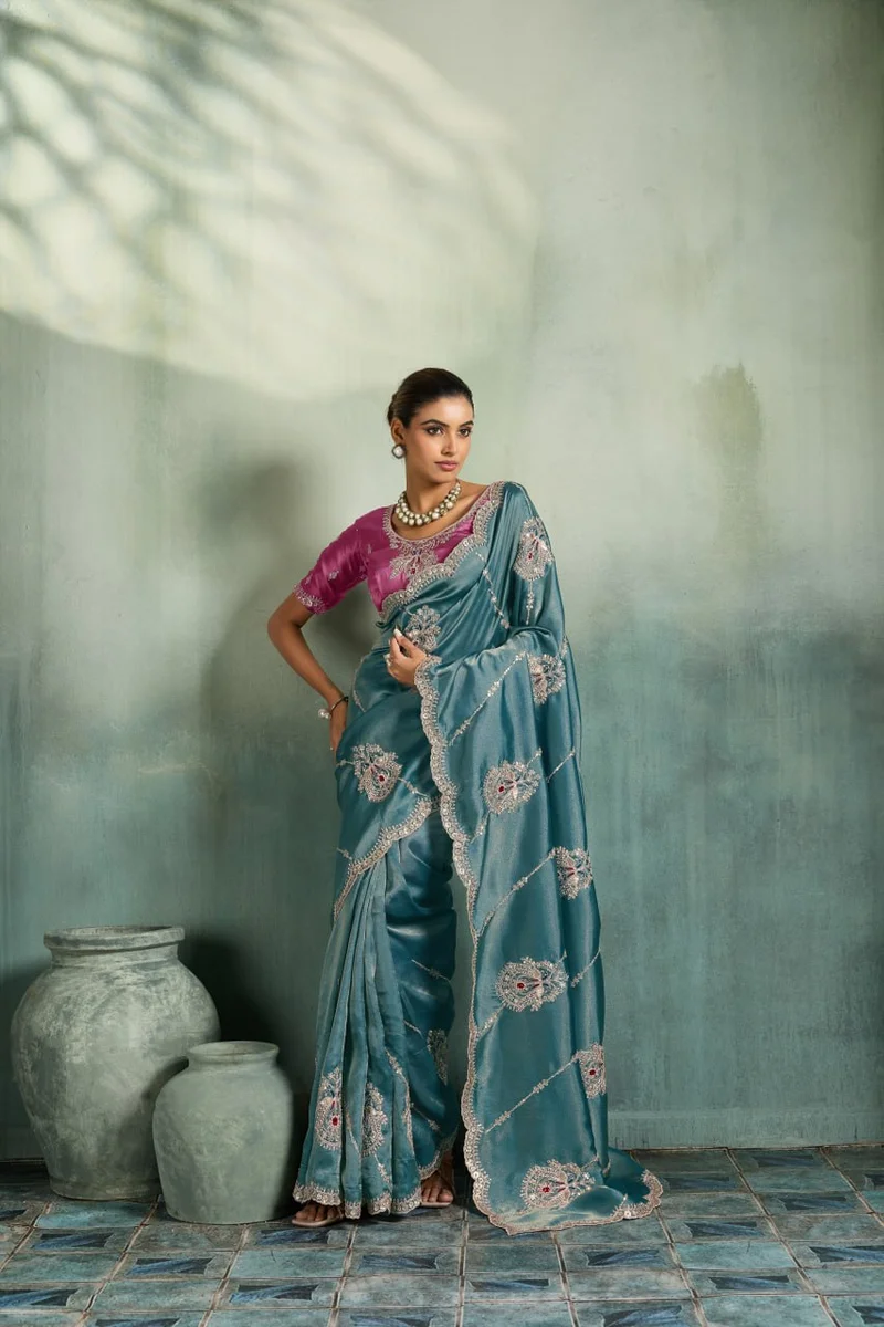 Giraffe Saree with rich texture, fluid drape, intricate Butta embroidery, handwork & stonework + Royal Makhmal Satin blouse in contrasting shades | Occasion: Pa