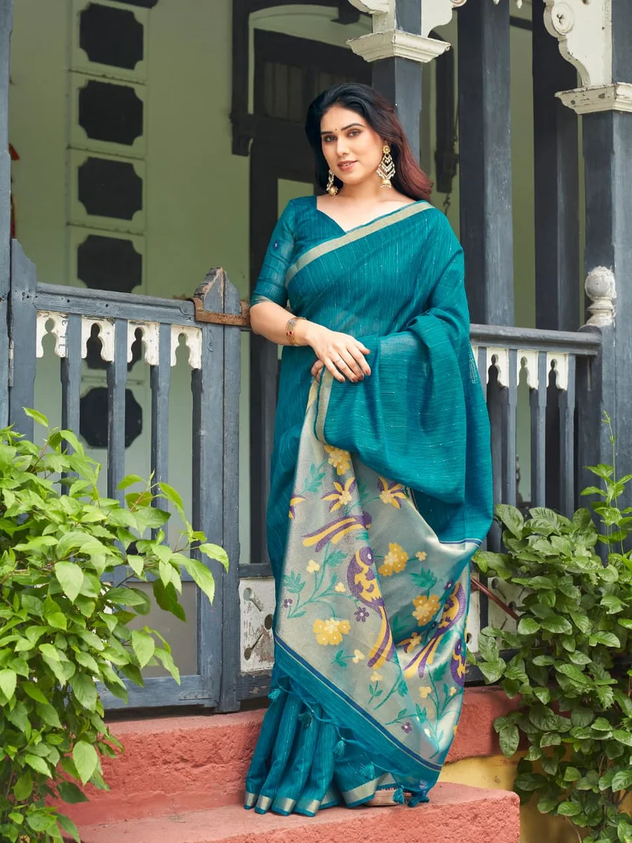 Linen Silk 708 – Premium Soft Pure Linen Silk Saree with rich Zari & Meena weaving tissue pallu, tiny Zari border, all-over sequence Zari lining + running blous