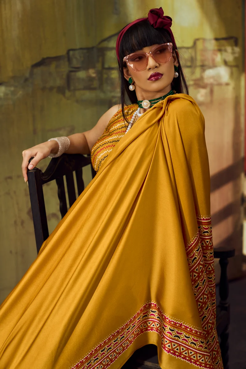 Modal Satin Ajrakh Print Saree + matching Modal Satin Ajrakh Print blouse by www.Laavsee.com