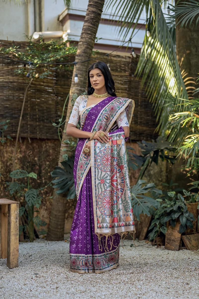 YOGITA MADHUBANI 2 – Soft Tussar Silk with beautiful Madhubani print on pallu & border, classic Bandhani print all over body + contrast blouse piece