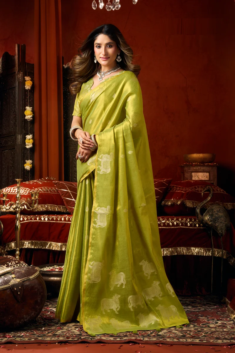 Supriya (Series 3601–3606) – Heavy Tissue Silk Saree with all-over Cow Butta & fancy tassels + matching blouse piece