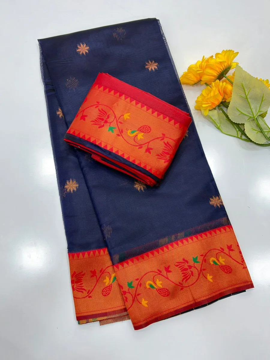 Paithani 652 – Premium Soft Tissue Silk Paithani Saree with rich Zari woven Paithani pallu, contrast Zari & Meena classic lotus woven border, all-over tiny butt