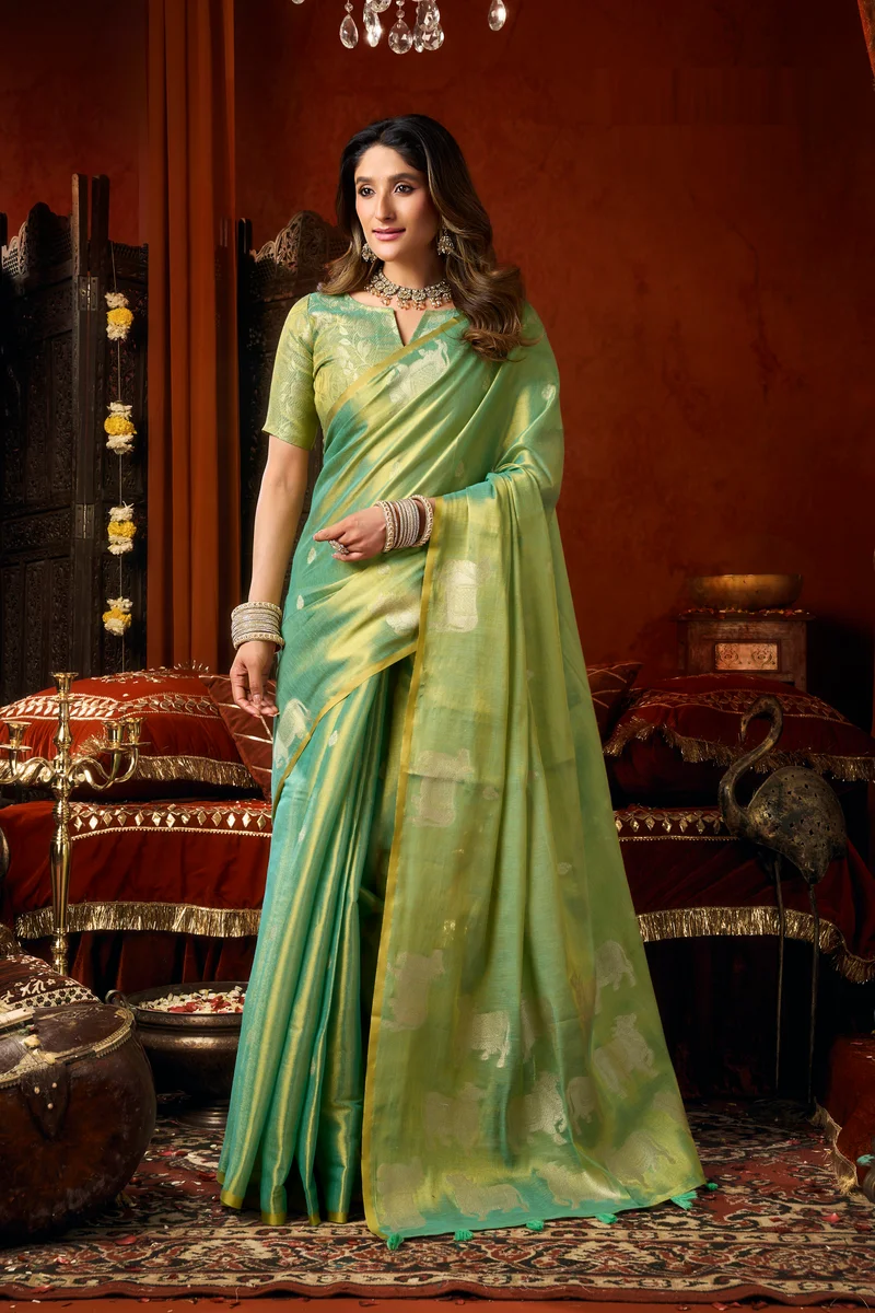 Supriya (Series 3601–3606) – Heavy Tissue Silk Saree with all-over Cow Butta & fancy tassels + matching blouse piece