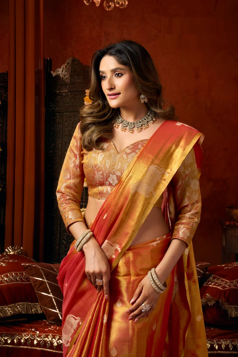 Supriya (Series 3601–3606) – Heavy Tissue Silk Saree with all-over Cow Butta & fancy tassels + matching blouse piece