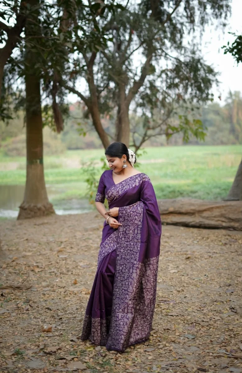 Handloom Raw Silk Saree with rich weaving pallu, unique Gala Border pattern + running blouse piece by www.Laavsee.com