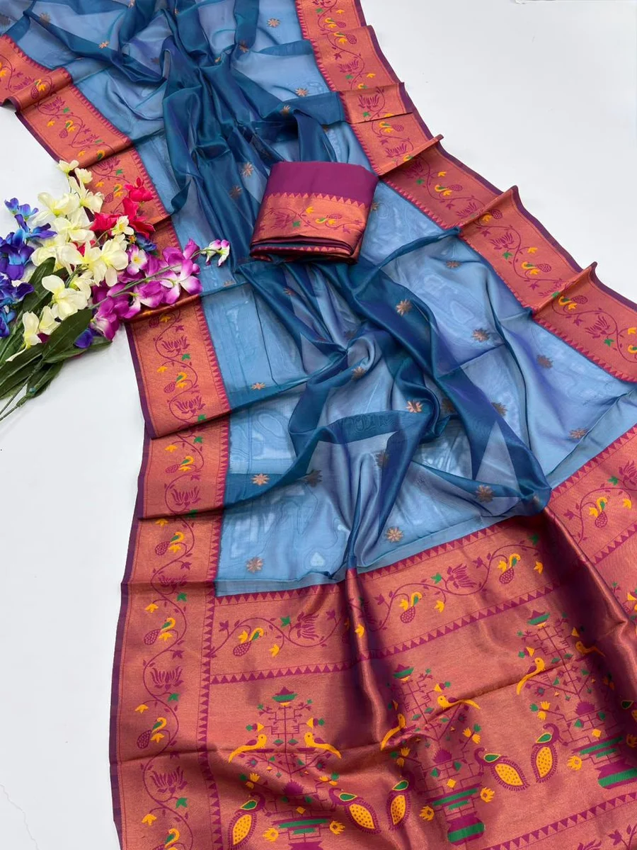 Paithani 652 – Premium Soft Tissue Silk Paithani Saree with rich Zari woven Paithani pallu, contrast Zari & Meena classic lotus woven border, all-over tiny butt