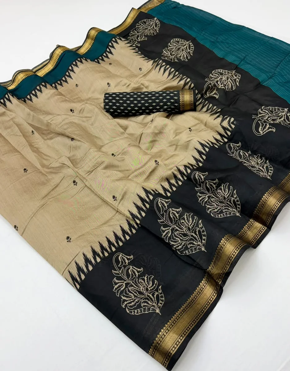 Soft Mul Cotton Saree with unique print, beautiful pallu & Zari border + matching blouse piece