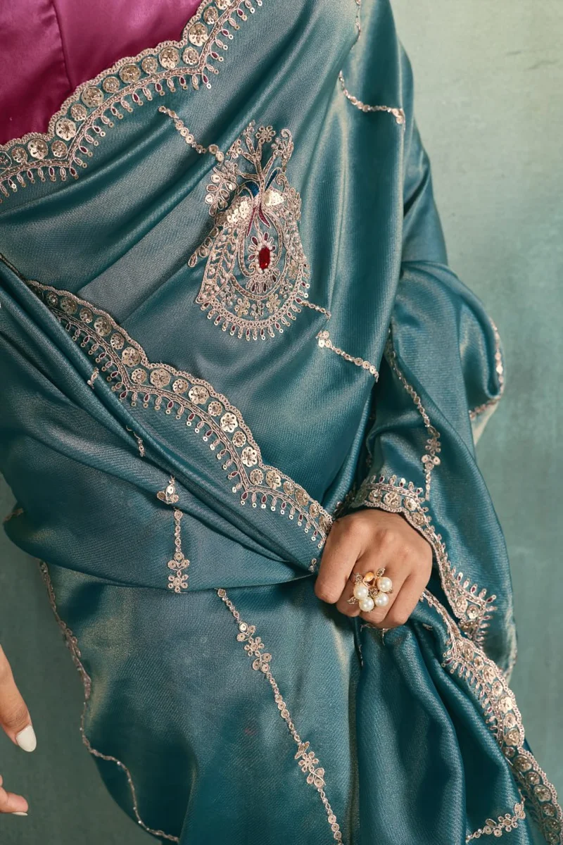 Giraffe Saree with rich texture, fluid drape, intricate Butta embroidery, handwork & stonework + Royal Makhmal Satin blouse in contrasting shades | Occasion: Pa