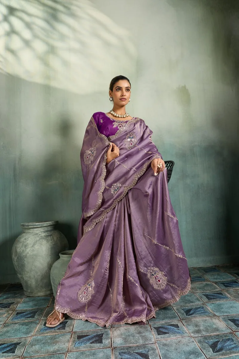 Giraffe Saree with rich texture, fluid drape, intricate Butta embroidery, handwork & stonework + Royal Makhmal Satin blouse in contrasting shades | Occasion: Pa