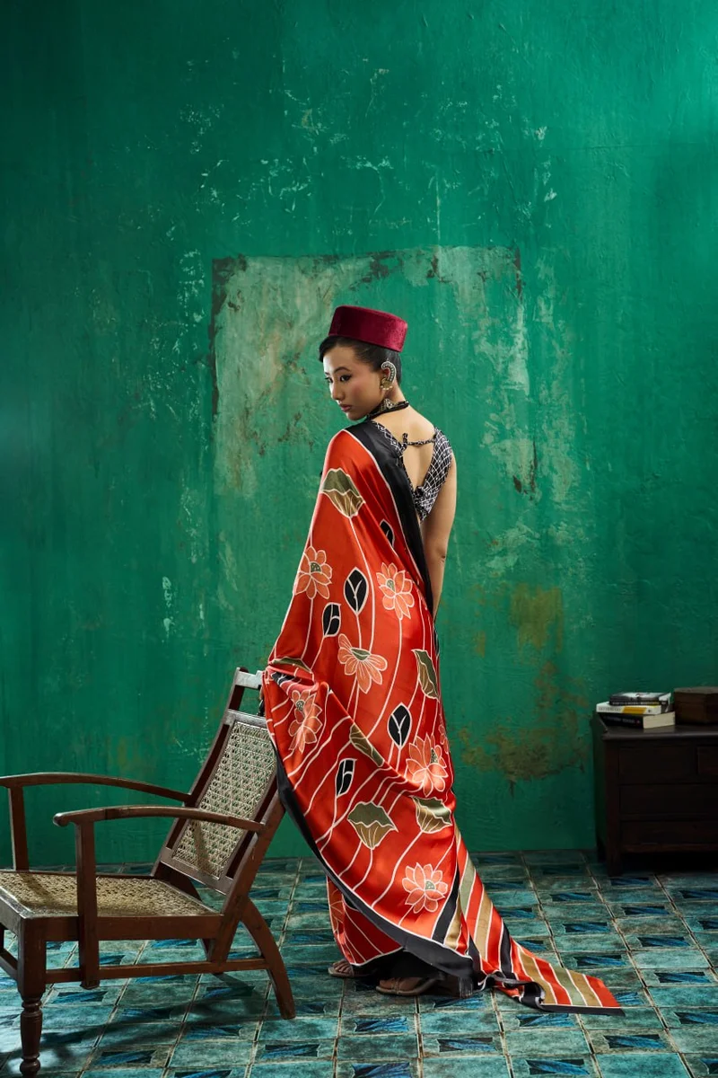 Modal Satin Ajrakh Print Saree + matching Moda blouse by www.Laavsee.com