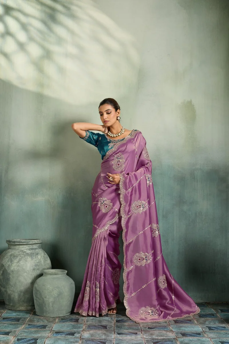 Giraffe Saree with rich texture, fluid drape, intricate Butta embroidery, handwork & stonework + Royal Makhmal Satin blouse in contrasting shades | Occasion: Pa