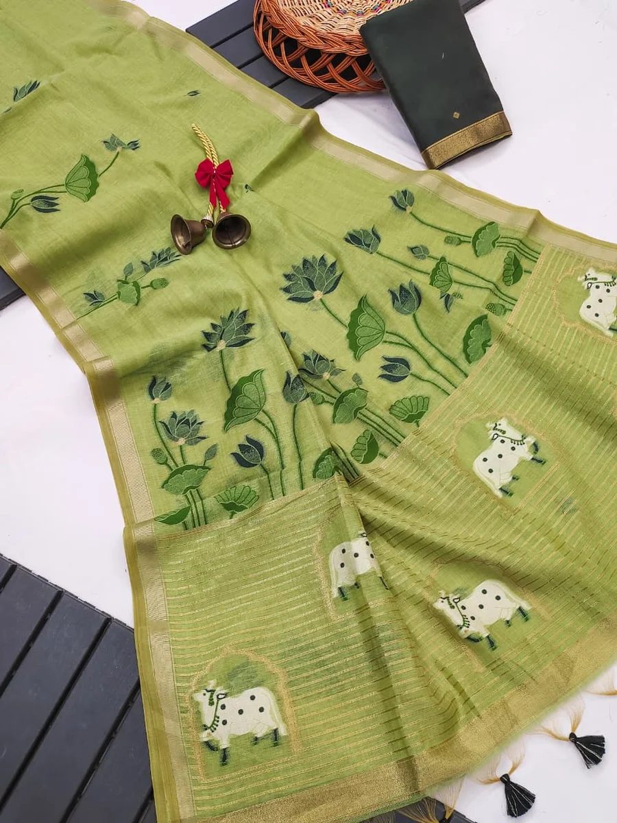 Premium soft Muga cotton saree with classic rich Zari & Cow Weaving Pichwai pallu, tiny Zari border, all-over lotus weaving, fancy tassels + contrast blouse pie