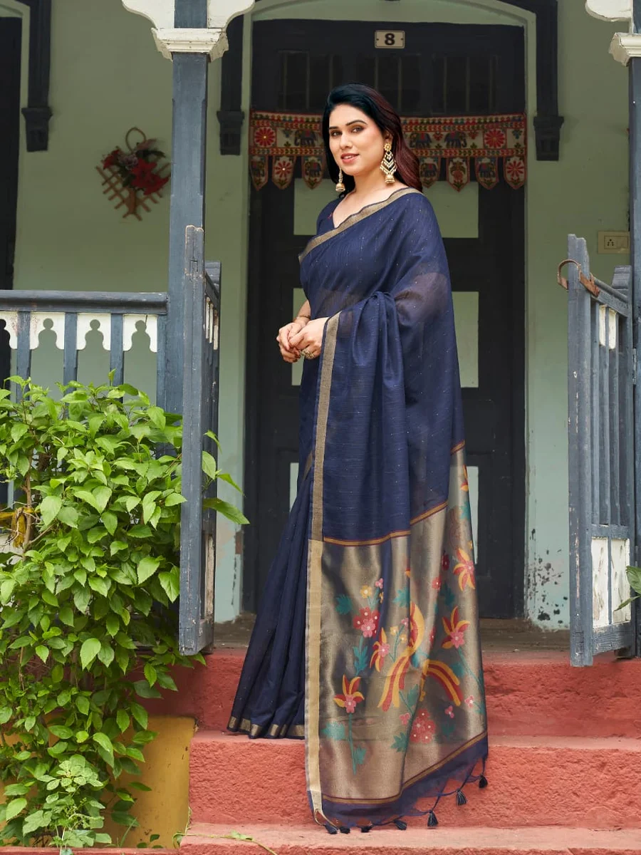 Linen Silk 708 – Premium Soft Pure Linen Silk Saree with rich Zari & Meena weaving tissue pallu, tiny Zari border, all-over sequence Zari lining + running blous