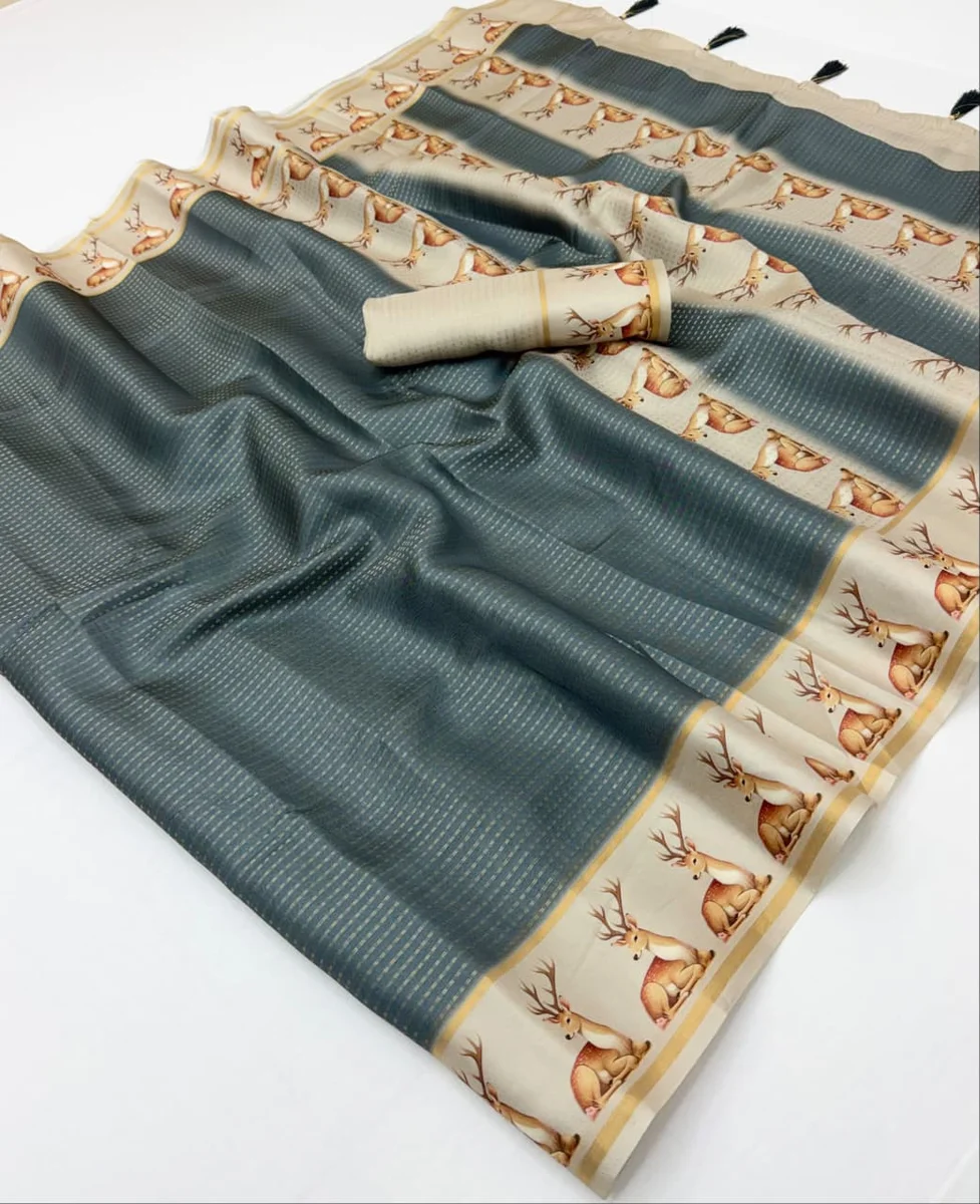 Chhavi Tusser – Soft Tussar with Bentex border, small Zari checks & tassels + matching blouse piece