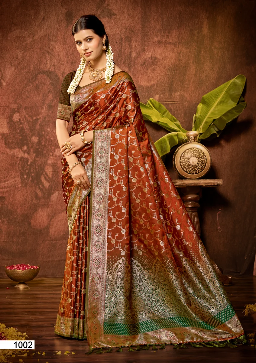 Satin Silk Saree with beautiful Zari weaving border & designer pallu + matching Satin Silk blouse with weaving | Occasion: Party, Festival