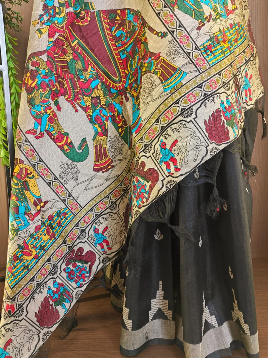LV202CN151026-6 — HANDLOOM 430 - Raw silk saree with Kalamkari elephant and Kathakali pallu, temple weaving border, all-over butti, contrast blouse, and fancy t