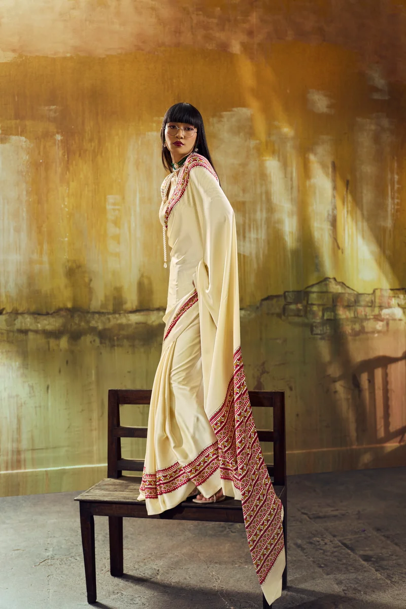 Modal Satin Ajrakh Print Saree + matching Modal Satin Ajrakh Print blouse by www.Laavsee.com
