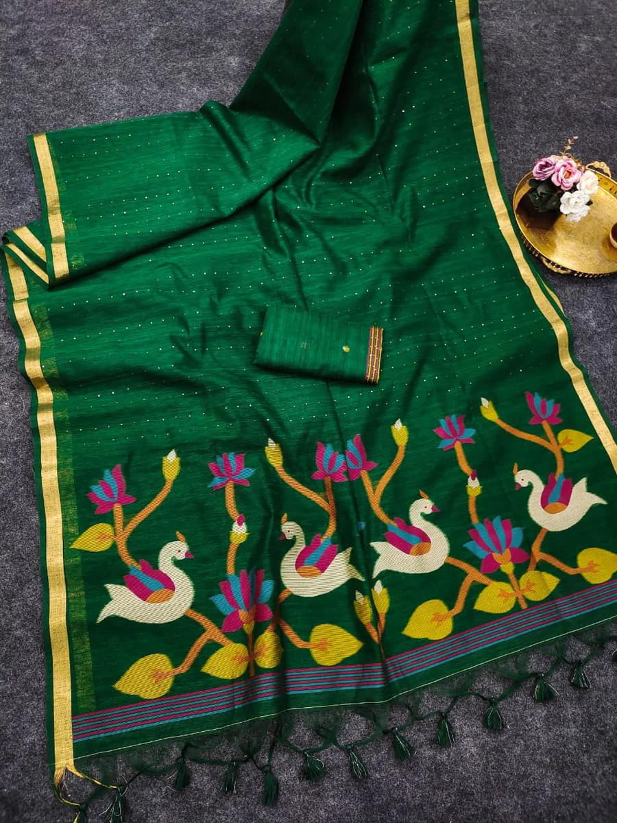 LINEN SILK 606 – Premium soft linen silk saree with Meena weaving, rich Jamdani pallu by www.Laavsee.com