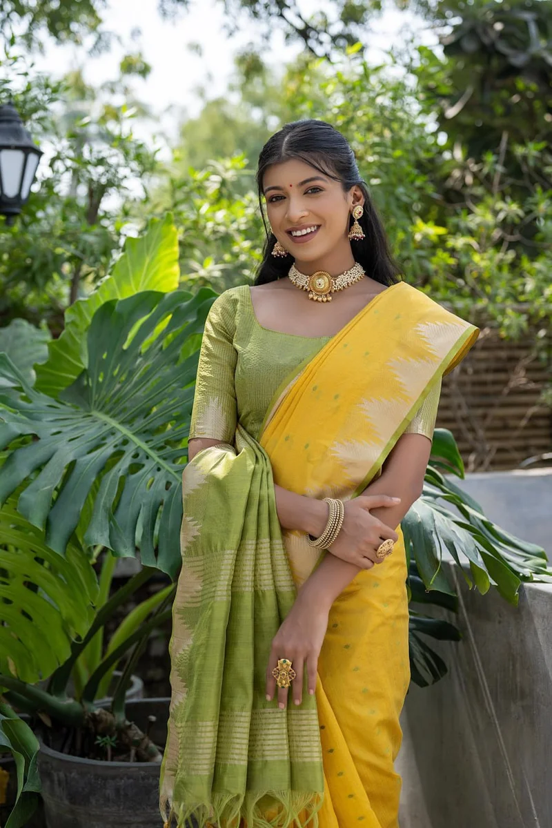 WhatsApp 📞 +917698385113 www.Laavsee.com __ LV202CN151026-1 ✨ Elisha Pyramid – Semi Tussar Silk Saree with all-over Bandhani Butti weaves, traditional temple b