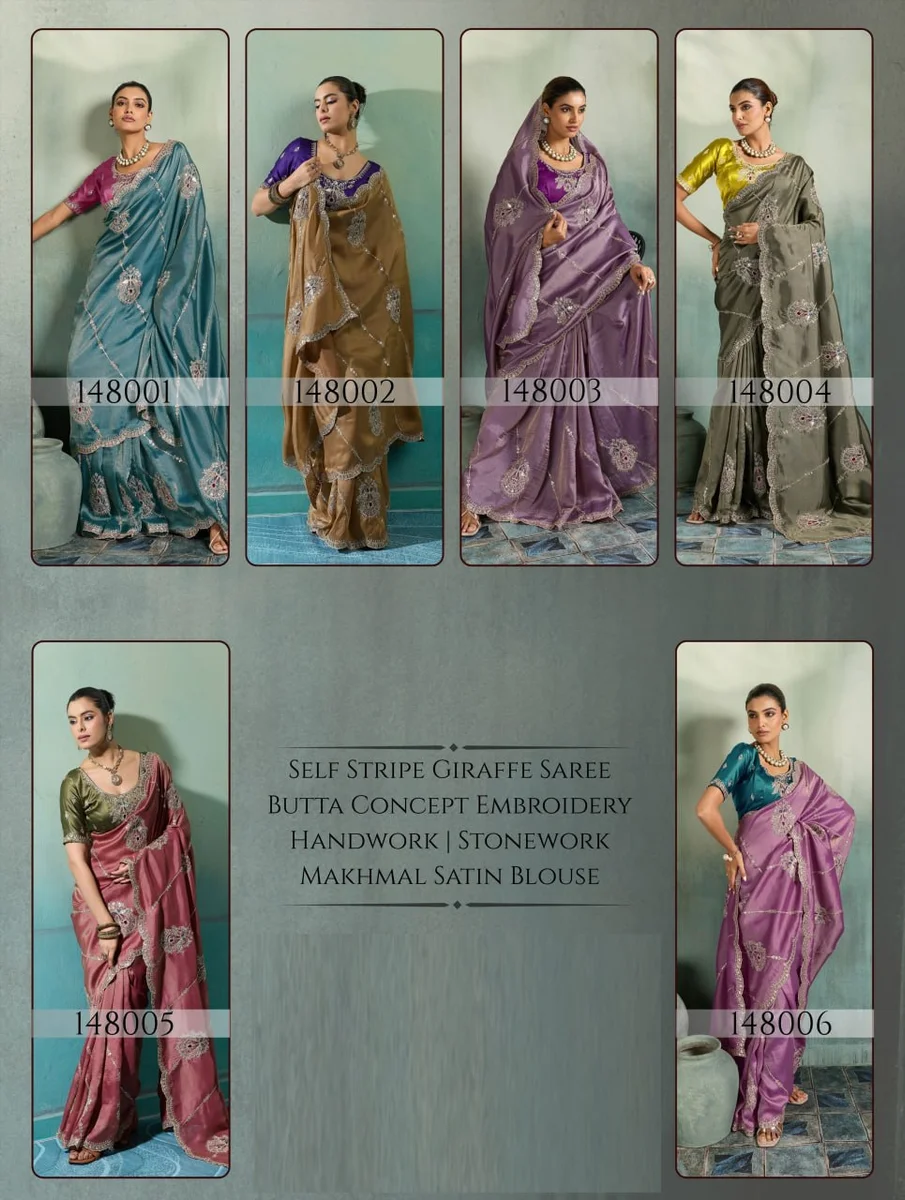 Giraffe Saree with rich texture, fluid drape, intricate Butta embroidery, handwork & stonework + Royal Makhmal Satin blouse in contrasting shades | Occasion: Pa
