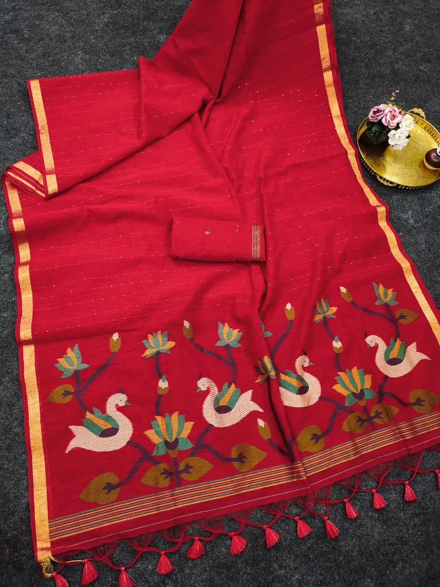 LINEN SILK 606 – Premium soft linen silk saree with Meena weaving, rich Jamdani pallu by www.Laavsee.com