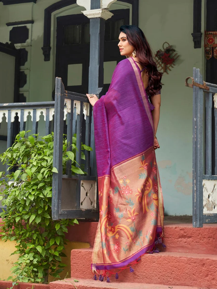 Linen Silk 708 – Premium Soft Pure Linen Silk Saree with rich Zari & Meena weaving tissue pallu, tiny Zari border, all-over sequence Zari lining + running blous