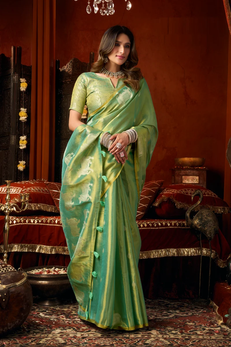 Supriya (Series 3601–3606) – Heavy Tissue Silk Saree with all-over Cow Butta & fancy tassels + matching blouse piece