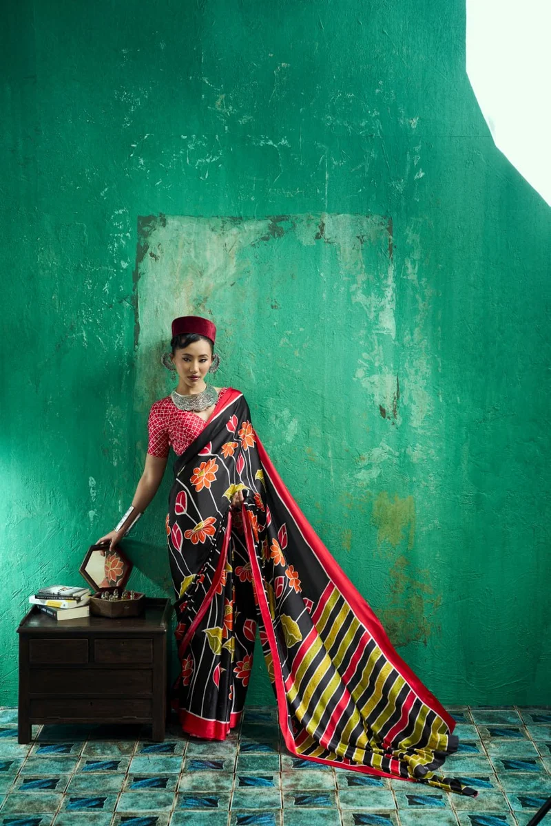 Modal Satin Ajrakh Print Saree + matching Moda blouse by www.Laavsee.com