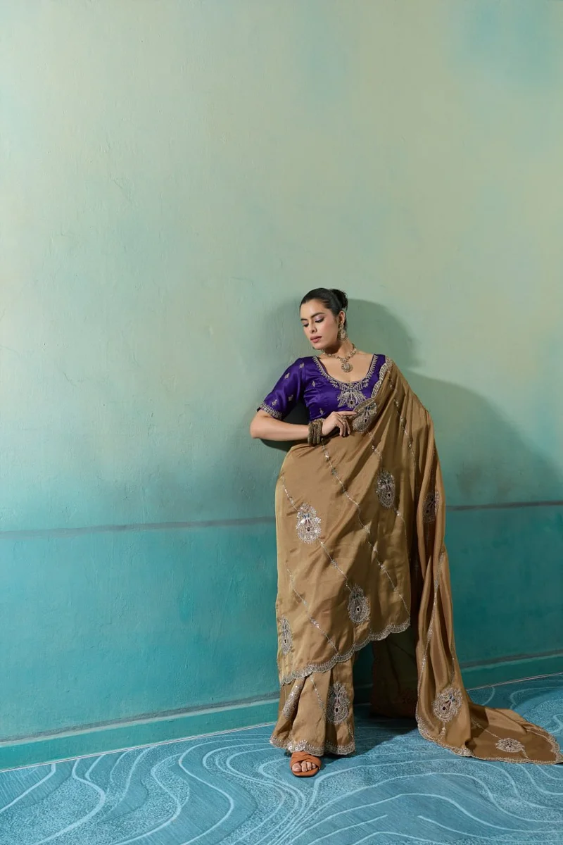 Giraffe Saree with rich texture, fluid drape, intricate Butta embroidery, handwork & stonework + Royal Makhmal Satin blouse in contrasting shades | Occasion: Pa